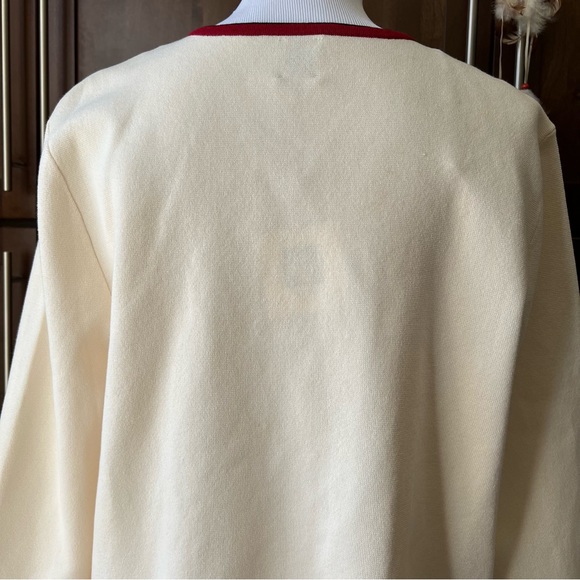 Anne Klein Ivory Knit Red Trim 4 Pockets Cardigan Embossed Gold Anchor Button XL - Picture 14 of 17